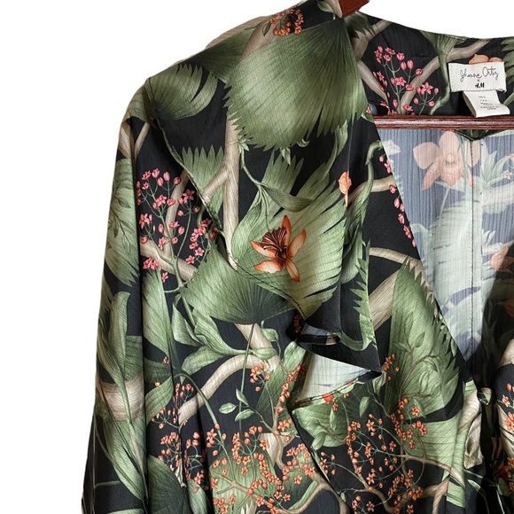 Johanna Ortiz x H&M Floral Print Silky Dolman Sleeve Mini Dress Small Green - Picture 7 of 15